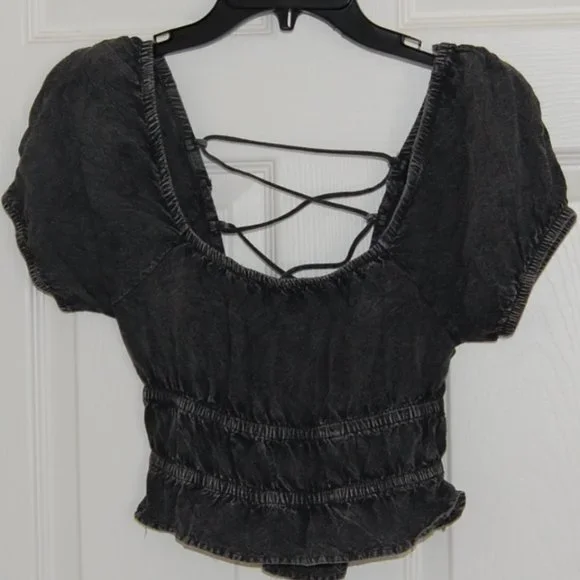 Rebellion Again, Size M, Rayon Crop Top, Strappy Back Off Shoulder, Gray - Picture 12 of 15